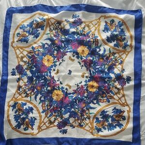 Vibrant Floral Scarf With Butterflies And Birds & Royal Blue Border